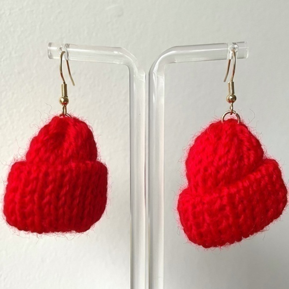 Knitted Red Beanie Earrings | New | Accessories